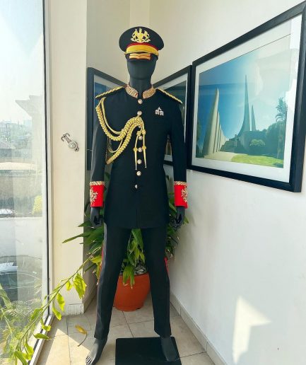 A Charcoal Black, Safari Military Jacket Attire with Hand-Knitted Metallic Wire Embroidery
