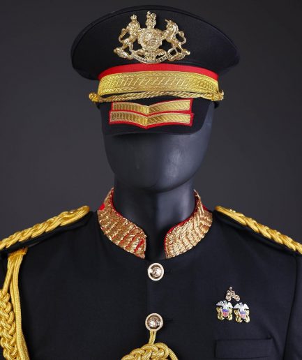 A Charcoal Black, Safari Military Jacket Attire with Hand-Knitted Metallic Wire Embroidery