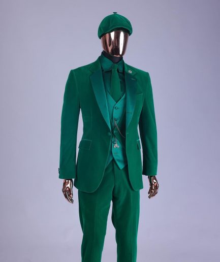 A Monochrome “Peaky Blinders” Cadmium Green, Soaked Velvet Fabric, Knitted, Notch Lapel Suit