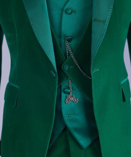 A Monochrome “Peaky Blinders” Cadmium Green, Soaked Velvet Fabric, Knitted, Notch Lapel Suit