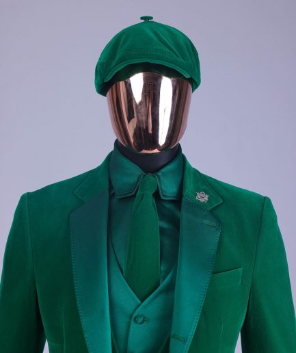 A Monochrome “Peaky Blinders” Cadmium Green, Soaked Velvet Fabric, Knitted, Notch Lapel Suit