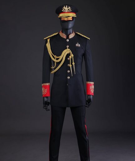 A Charcoal Black, Safari Military Jacket Attire with Hand-Knitted Metallic Wire Embroidery