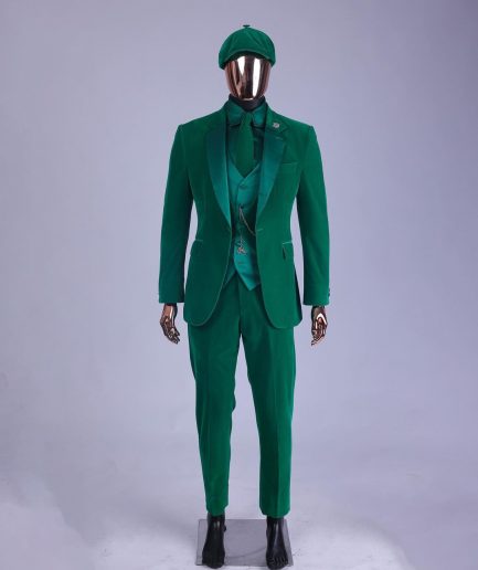 A Monochrome “Peaky Blinders” Cadmium Green, Soaked Velvet Fabric, Knitted, Notch Lapel Suit