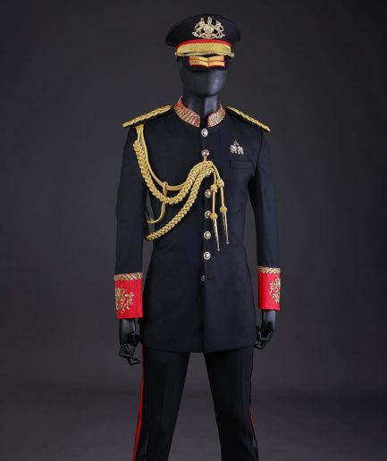A Charcoal Black, Safari Military Jacket Attire with Hand-Knitted Metallic Wire Embroidery
