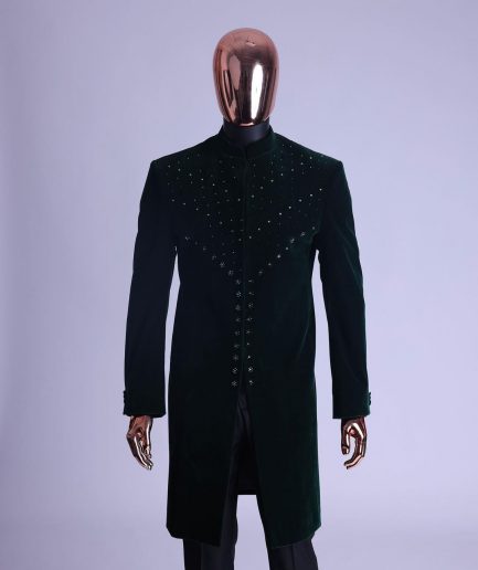 An Emerald Green Safari Suit With Mixed Swarovski Stones Detailing