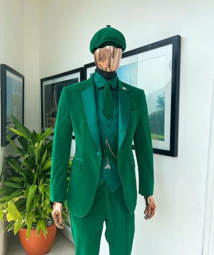 A Monochrome “Peaky Blinders” Cadmium Green, Soaked Velvet Fabric, Knitted, Notch Lapel Suit