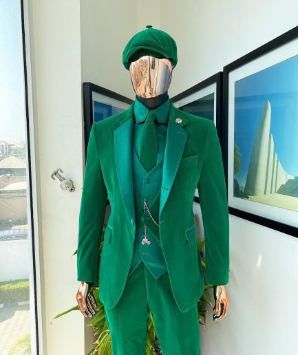 A Monochrome “Peaky Blinders” Cadmium Green, Soaked Velvet Fabric, Knitted, Notch Lapel Suit