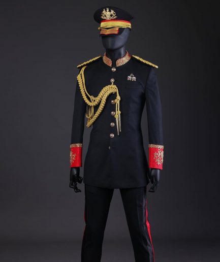 A Charcoal Black, Safari Military Jacket Attire with Hand-Knitted Metallic Wire Embroidery