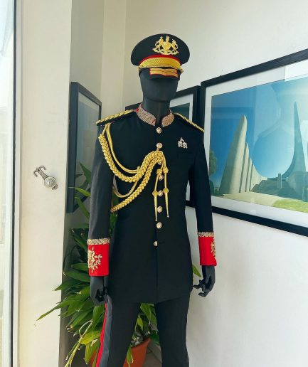 A Charcoal Black, Safari Military Jacket Attire with Hand-Knitted Metallic Wire Embroidery