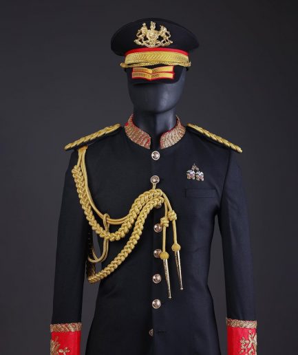 A Charcoal Black, Safari Military Jacket Attire with Hand-Knitted Metallic Wire Embroidery