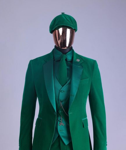 A Monochrome “Peaky Blinders” Cadmium Green, Soaked Velvet Fabric, Knitted, Notch Lapel Suit