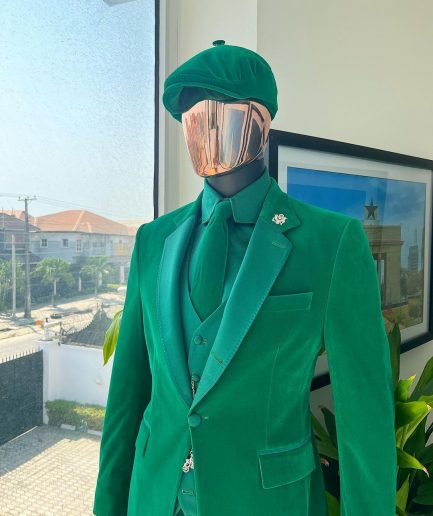 A Monochrome “Peaky Blinders” Cadmium Green, Soaked Velvet Fabric, Knitted, Notch Lapel Suit