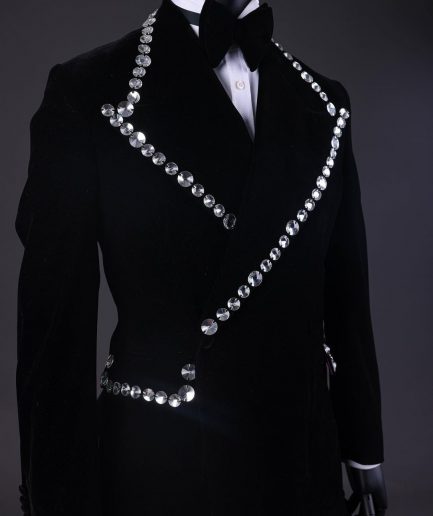 A Reloaded “Herd” Charcoal Black Soaked Velvet Peak Lapel Wrap Tuxedo Suit