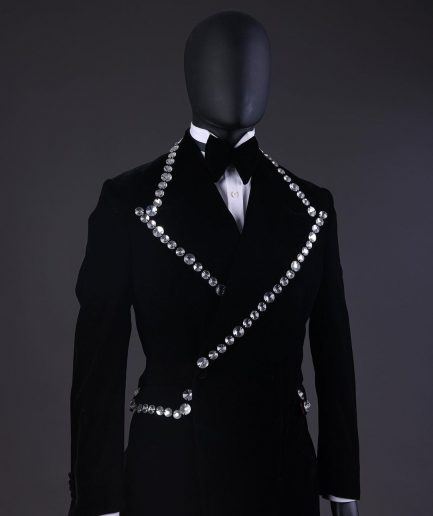 A Reloaded “Herd” Charcoal Black Soaked Velvet Peak Lapel Wrap Tuxedo Suit