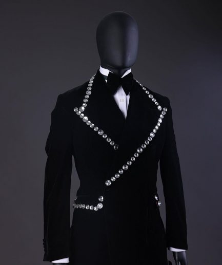 A Reloaded “Herd” Charcoal Black Soaked Velvet Peak Lapel Wrap Tuxedo Suit