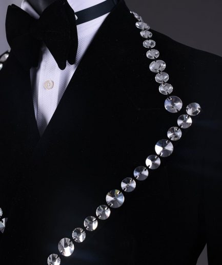 A Reloaded “Herd” Charcoal Black Soaked Velvet Peak Lapel Wrap Tuxedo Suit