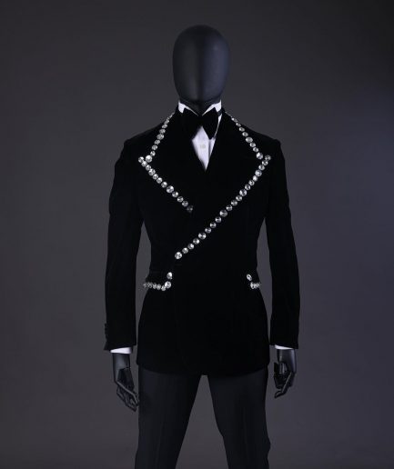 A Reloaded “Herd” Charcoal Black Soaked Velvet Peak Lapel Wrap Tuxedo Suit