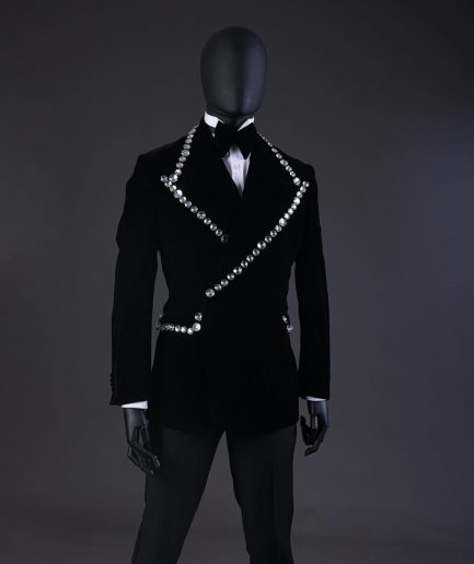 A Reloaded “Herd” Charcoal Black Soaked Velvet Peak Lapel Wrap Tuxedo Suit