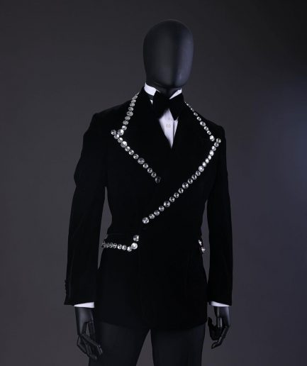 A Reloaded “Herd” Charcoal Black Soaked Velvet Peak Lapel Wrap Tuxedo Suit