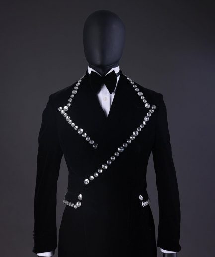 A Reloaded “Herd” Charcoal Black Soaked Velvet Peak Lapel Wrap Tuxedo Suit