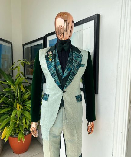 The “Gogo” Limited Edition Shade Of Mixed Green Jacquard Fabric Notch Lapel Metallic Jacquard Suit
