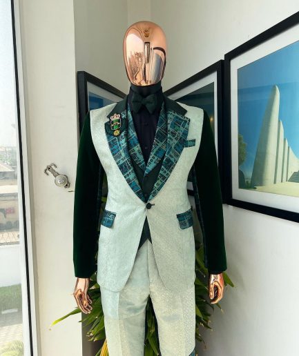 The “Gogo” Limited Edition Shade Of Mixed Green Jacquard Fabric Notch Lapel Metallic Jacquard Suit