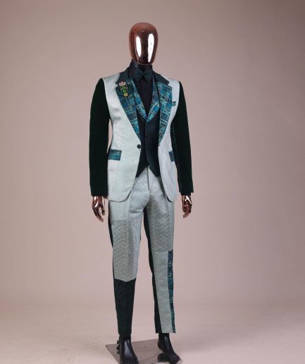 The “Gogo” Limited Edition Shade Of Mixed Green Jacquard Fabric Notch Lapel Metallic Jacquard Suit