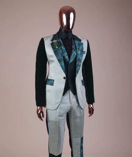 The “Gogo” Limited Edition Shade Of Mixed Green Jacquard Fabric Notch Lapel Metallic Jacquard Suit