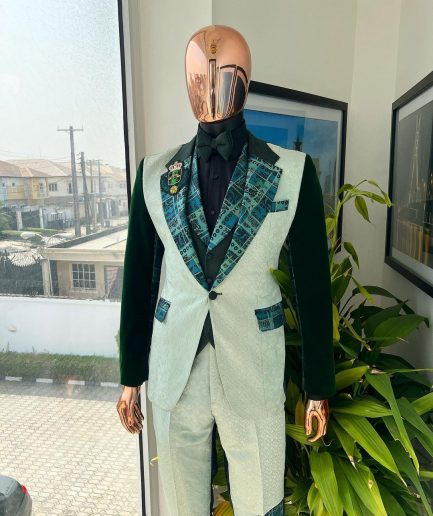 The “Gogo” Limited Edition Shade Of Mixed Green Jacquard Fabric Notch Lapel Metallic Jacquard Suit
