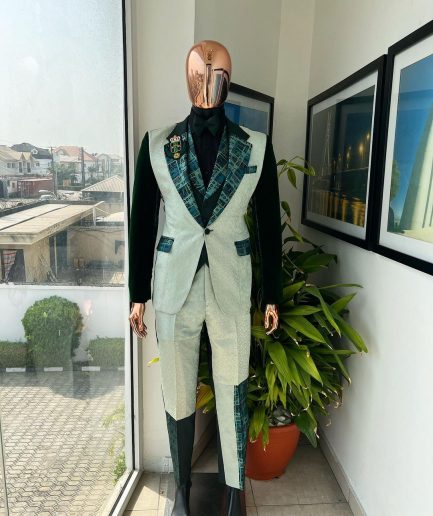 The “Gogo” Limited Edition Shade Of Mixed Green Jacquard Fabric Notch Lapel Metallic Jacquard Suit