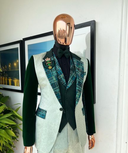 The “Gogo” Limited Edition Shade Of Mixed Green Jacquard Fabric Notch Lapel Metallic Jacquard Suit