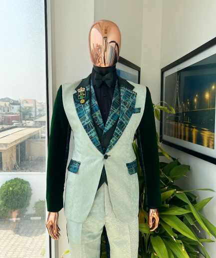 The “Gogo” Limited Edition Shade Of Mixed Green Jacquard Fabric Notch Lapel Metallic Jacquard Suit