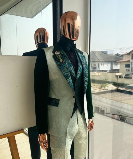 The “Gogo” Limited Edition Shade Of Mixed Green Jacquard Fabric Notch Lapel Metallic Jacquard Suit