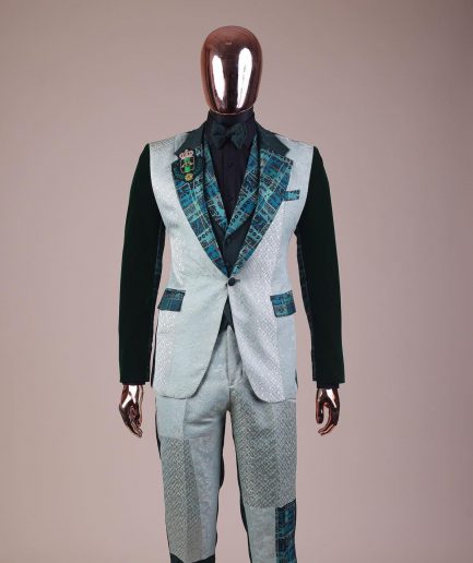 The “Gogo” Limited Edition Shade Of Mixed Green Jacquard Fabric Notch Lapel Metallic Jacquard Suit
