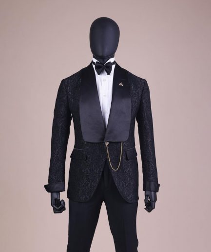 A Charcoal Black, Ocean Element Patterned Shawl Lapel Jacquard Tuxedo Suit