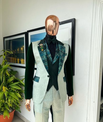 The “Gogo” Limited Edition Shade Of Mixed Green Jacquard Fabric Notch Lapel Metallic Jacquard Suit