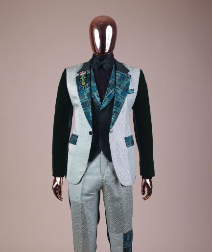 The “Gogo” Limited Edition Shade Of Mixed Green Jacquard Fabric Notch Lapel Metallic Jacquard Suit