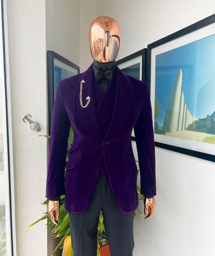 An Egg Plant Purple Velvet Shawl Lapel Tuxedo Suit