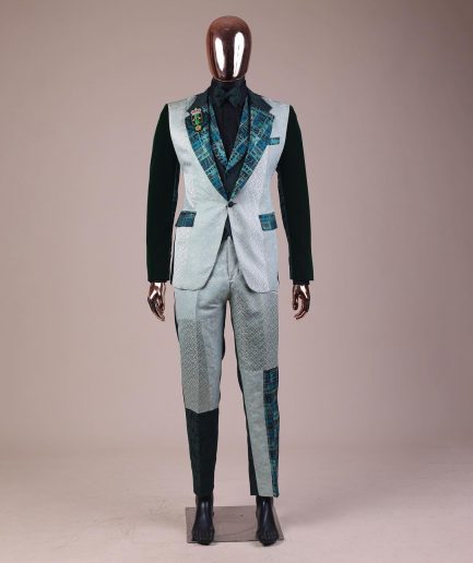 The “Gogo” Limited Edition Shade Of Mixed Green Jacquard Fabric Notch Lapel Metallic Jacquard Suit