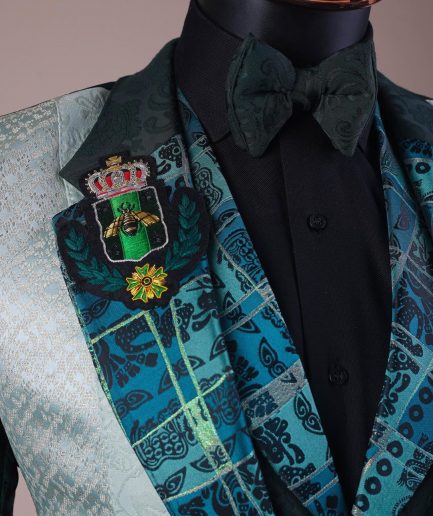 The “Gogo” Limited Edition Shade Of Mixed Green Jacquard Fabric Notch Lapel Metallic Jacquard Suit