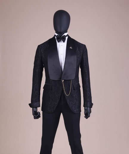 A Charcoal Black, Ocean Element Patterned Shawl Lapel Jacquard Tuxedo Suit