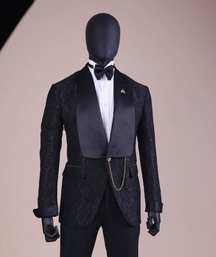 A Charcoal Black, Ocean Element Patterned Shawl Lapel Jacquard Tuxedo Suit