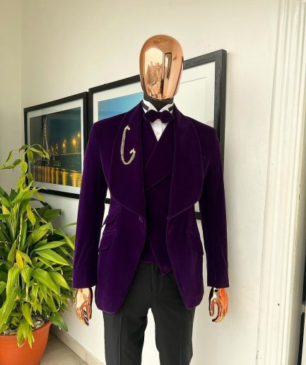 An Egg Plant Purple Velvet Shawl Lapel Tuxedo Suit