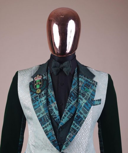 The “Gogo” Limited Edition Shade Of Mixed Green Jacquard Fabric Notch Lapel Metallic Jacquard Suit