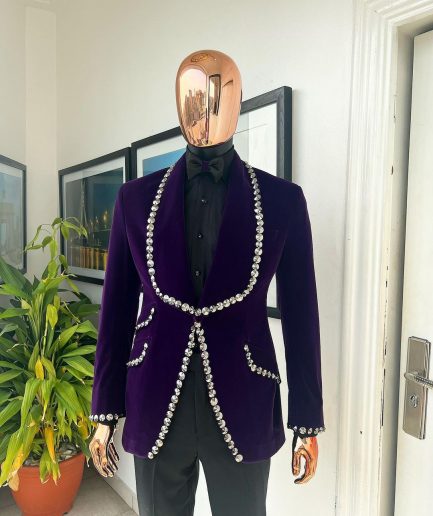 An egg plant purple velvet shawl lapel tuxedo suit, laced with jet hematite Swarovski stones