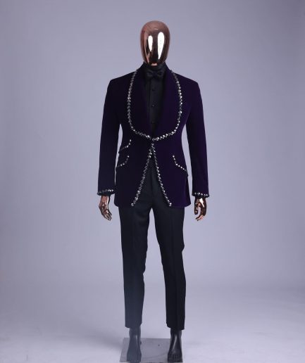 An egg plant purple velvet shawl lapel tuxedo suit, laced with jet hematite Swarovski stones