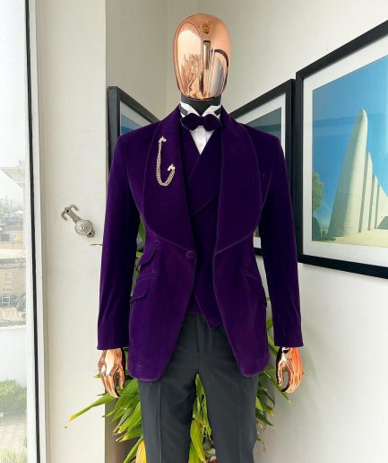 An Egg Plant Purple Velvet Shawl Lapel Tuxedo Suit