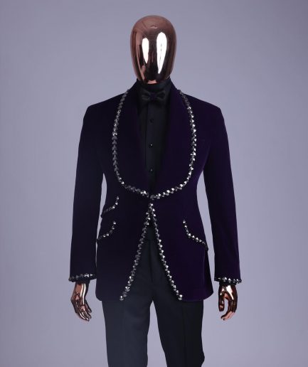 An egg plant purple velvet shawl lapel tuxedo suit, laced with jet hematite Swarovski stones
