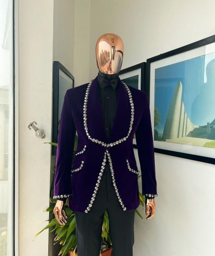 An egg plant purple velvet shawl lapel tuxedo suit, laced with jet hematite Swarovski stones