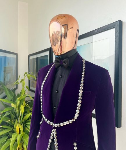 An egg plant purple velvet shawl lapel tuxedo suit, laced with jet hematite Swarovski stones